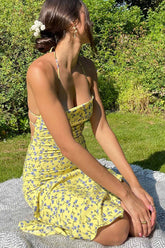 Floral Print Yellow Tie-back Slit Dress InsStreet